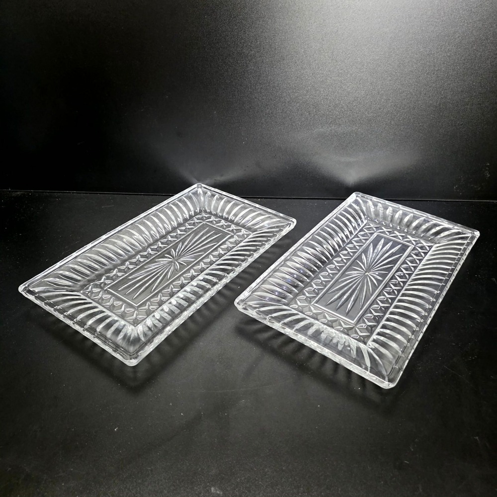 Rectangular Glass Serving Trays Set of 2 Clear Starburst Diamond Cut Pattern